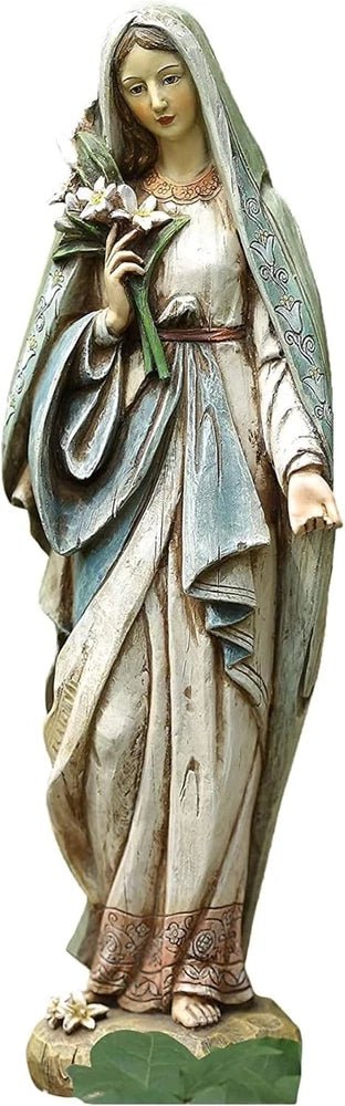 Blessed Virgin Mary statue in blue and cream robes holding lilies