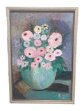 VTG Ô96 Still Life Flowers Ranunculus Roses Blue Vase Canvas Modern 18Óx 25.75Ó Ranunculus