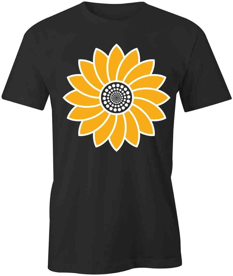 Black short-sleeve T-shirt with large sunflower graphic on the front