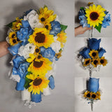 Dusty Blue White Rose Sunflower Bridal Wedding Bouquet Accessories Bouquet