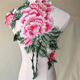 Delicate Embroidery Peony Flower Patch Green leaves Applique for Costumes Peony