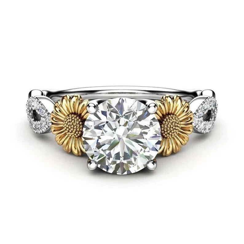 1.2 CT Round CZ Diamond Sunflower Flower Split Shank Engagement and Wedding Ring Sunflower