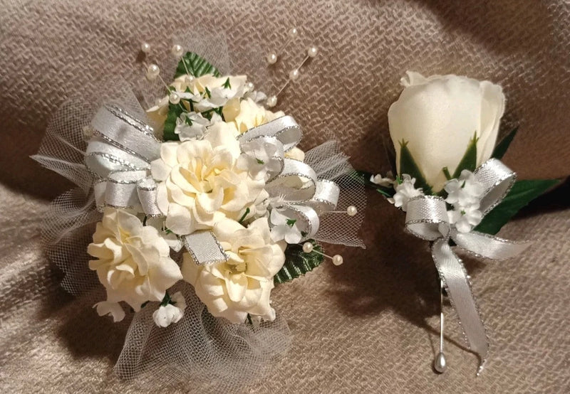 NEW 5" Artificial Ivory Rose Wrist Corsage & Matching Bout, Pearls, Silver Bow Bouquet