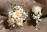 NEW 5" Artificial Ivory Rose Wrist Corsage & Matching Bout, Pearls, Silver Bow Bouquet
