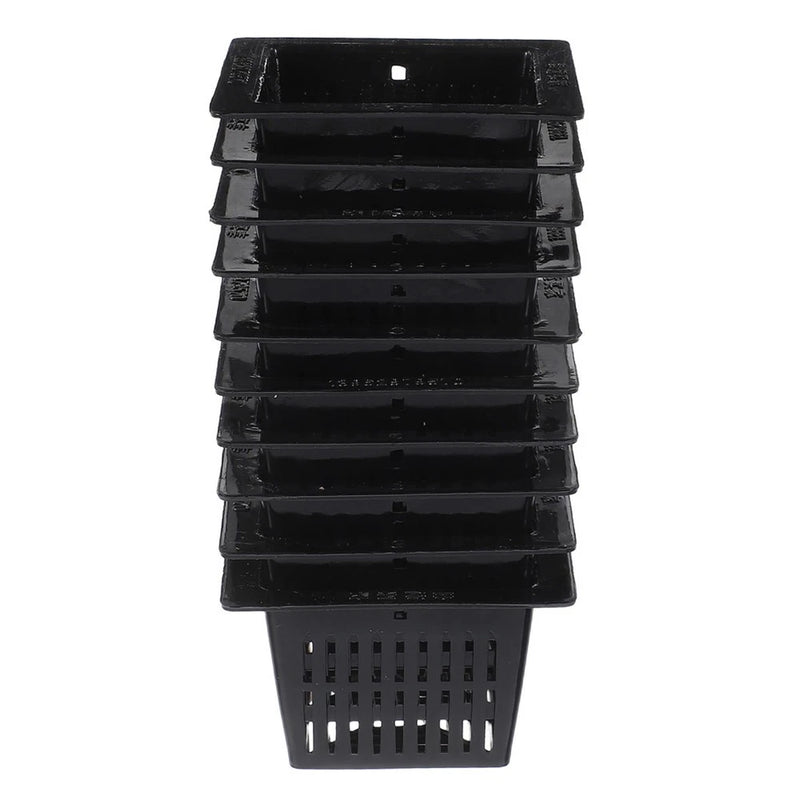 Black plastic nursery planter pot with drainage holes and stackable design