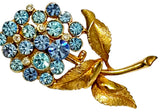 Coro Signed Blue Hydrangea Brooch Aqua, Crystal, & Light Sapphire Rhinestone Pin Hydrangea