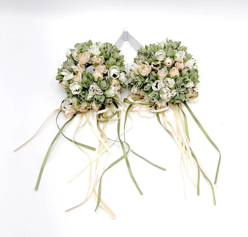 Silk rose and peony ring centerpiece pair, greenery accents, streaming ribbons