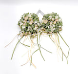 Pink & White Silk Rose/Peony w/Greenery & Streaming Ribbon Centerpiece Ring Pair Peony