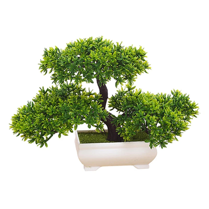 Faux Japanese pine bonsai tree in white square pot with dense green foliage