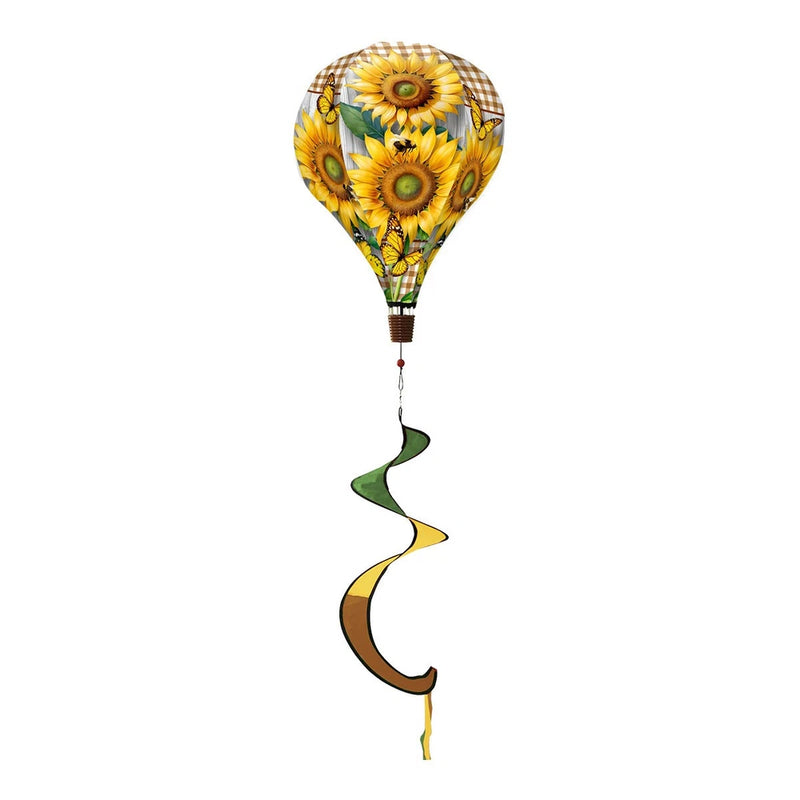 Sunflower hot air balloon wind spinner with curly yellow, green, and brown tail