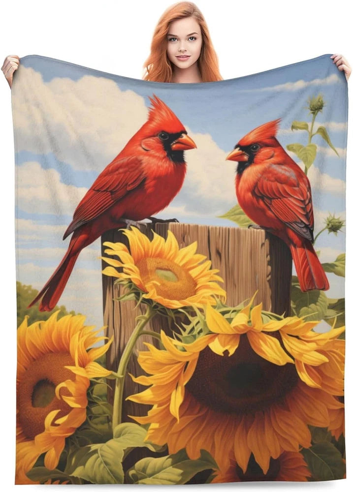 Red Cardinal Sunflower Blanket Gifts for Women Floral Birds 50x40 Inch, Blue1 Sunflower