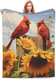 Red Cardinal Sunflower Blanket Gifts for Women Floral Birds 50x40 Inch, Blue1 Sunflower