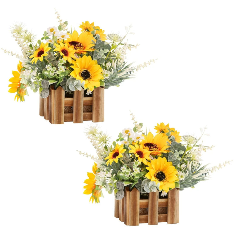 Artificial sunflower bouquet with faux yellow blooms in a wooden basket planter