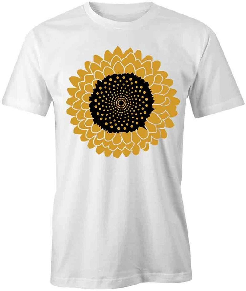 White cotton T-shirt with large sunflower floral front graphic