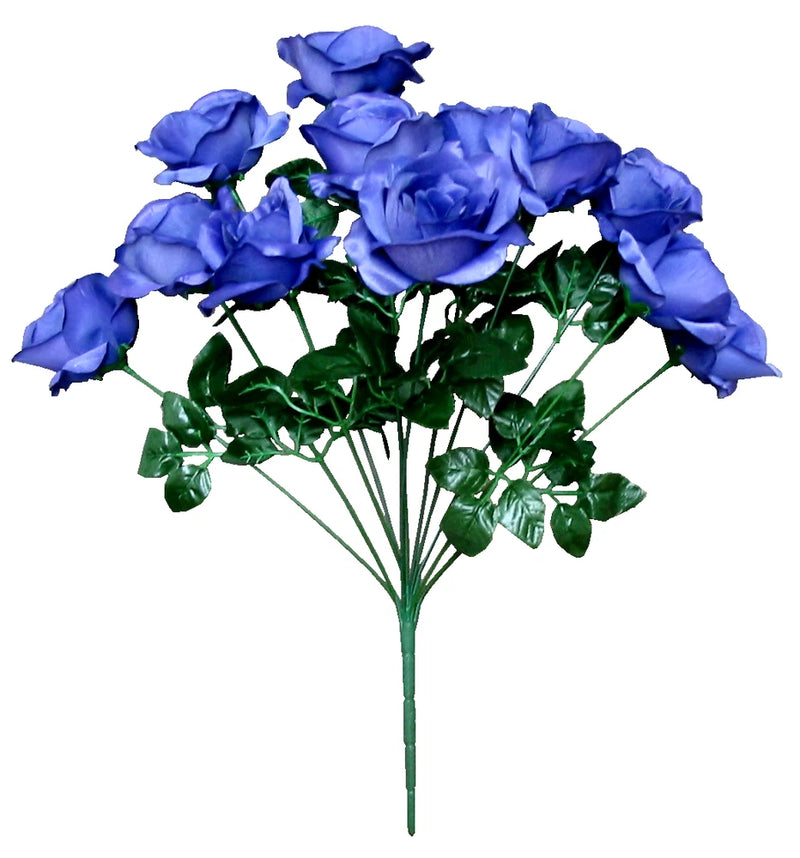 Blue silk rose flower bush with multiple blooms and green leaf stems