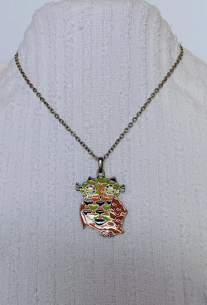 Colorful enamel owl necklace with silvertone chain and lobster clasp