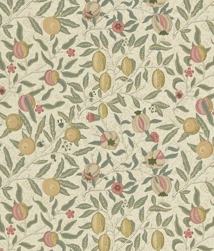 Morris Curtain Fabric 'FRUIT FABRIC - IVORY/TEAL' 2 METRES (200cm) 100% COTTON Flowering Plants