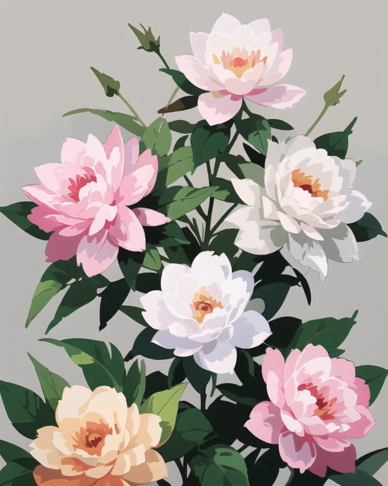 Peony flower bouquet with pink, white, and peach blooms and green leaves