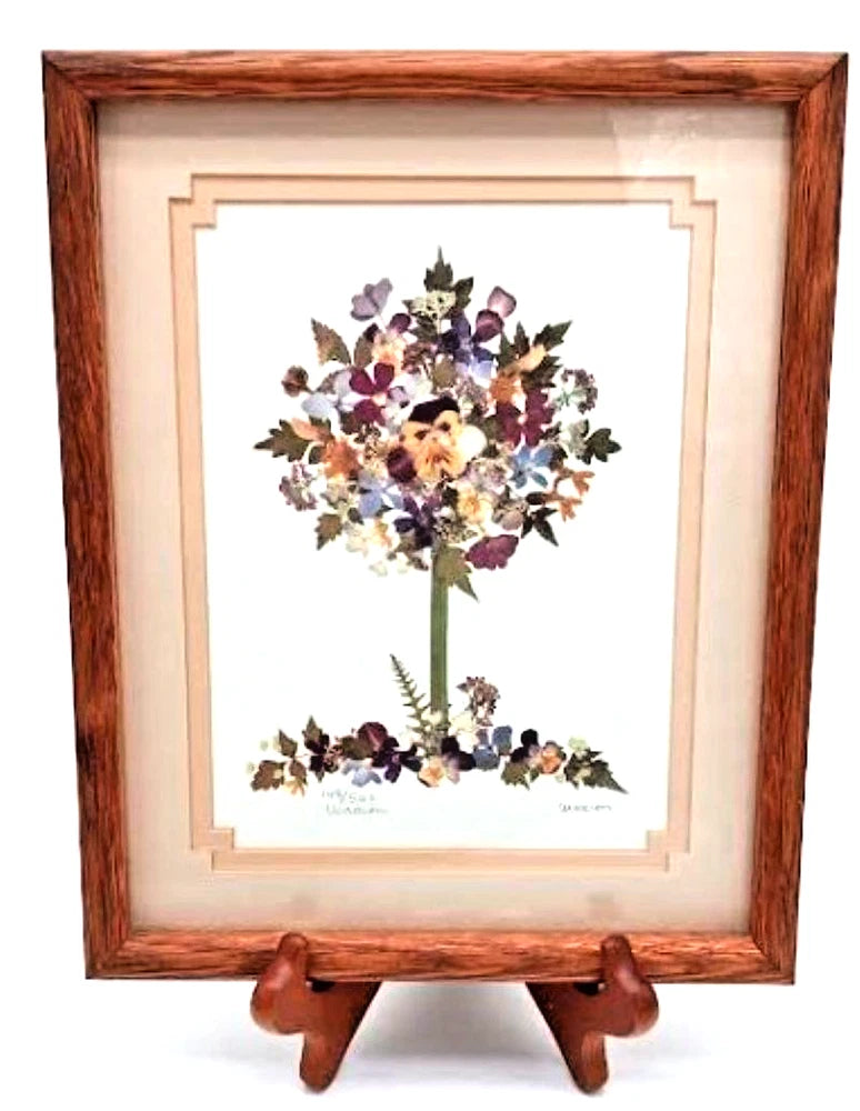Framed pressed dried flower wall art with purple and orange bouquet, double mat