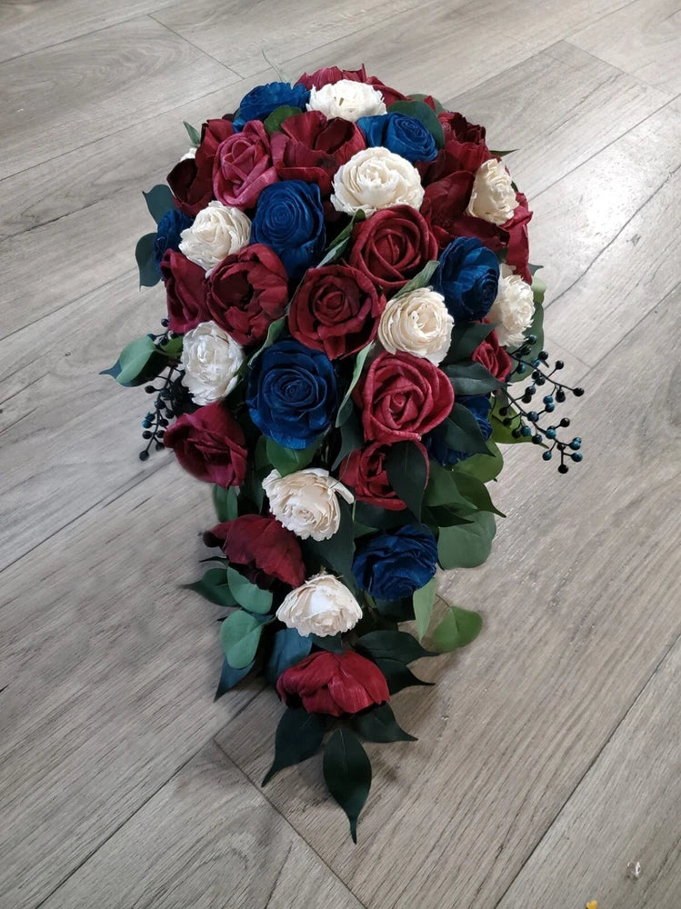 Burgundy Navy Blue White Cascade Bridal Bouquet Sola Wood Wedding Flowers Bouquet