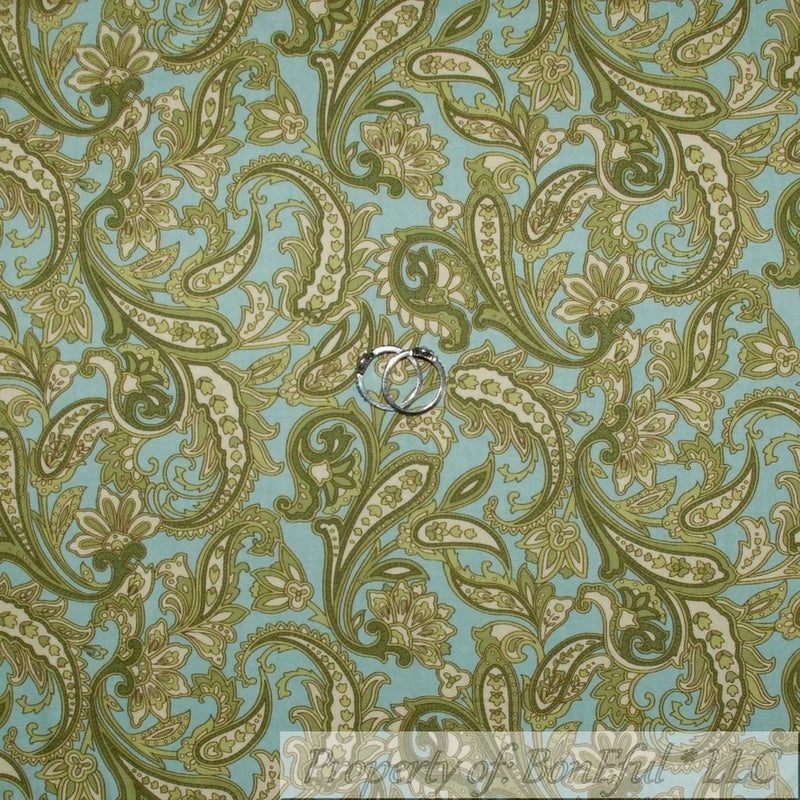 BonEful Fabric FQ Cotton Quilt Blue Green White Cream Paisley Flower Tiny Little Flowering Plants