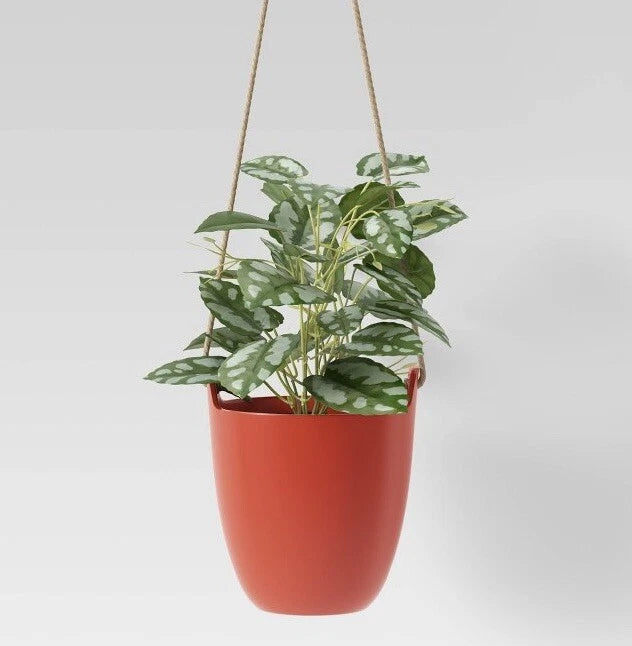 New Faux Hanging Green Leafy Plant Red Pot - Lot of 2 Green Plant