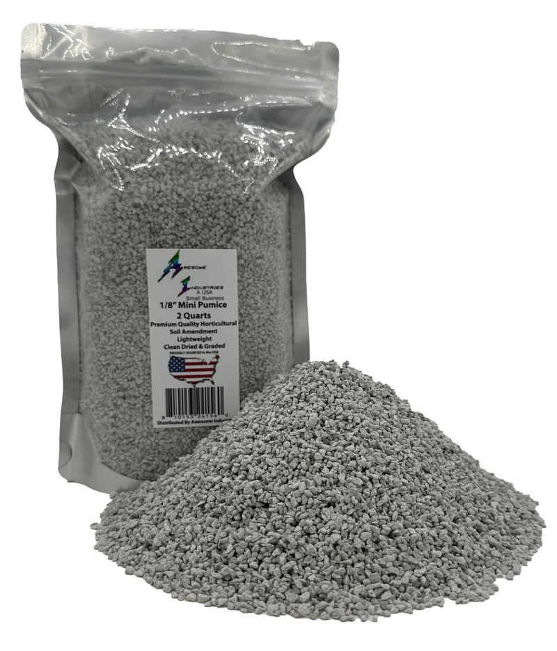 Pumice grit for plants in resealable pouch, with a mound of gray pumice