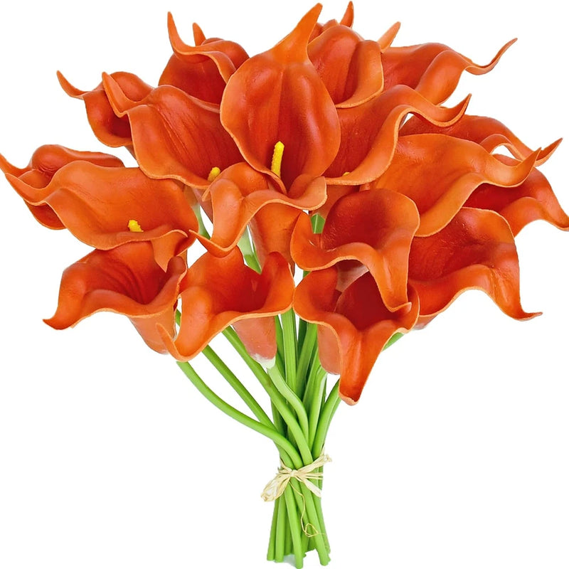 Burnt orange calla lily artificial flower bouquet with green stems, tied bundle