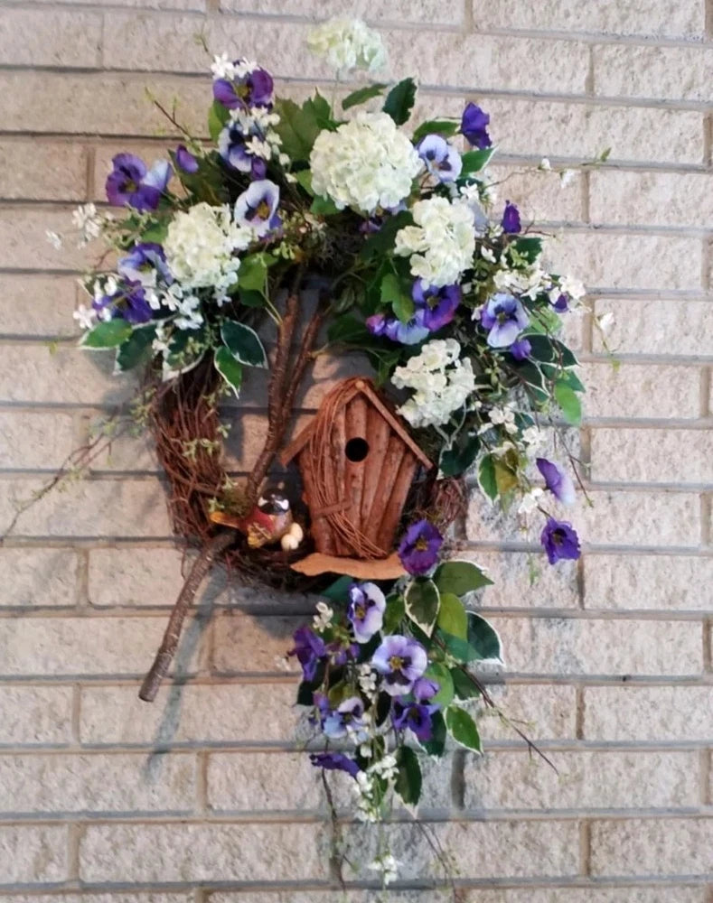 Flower Wreath Spring Summer Door Decor Bird Hydrangea Pansy Flower Arrangement Hydrangea