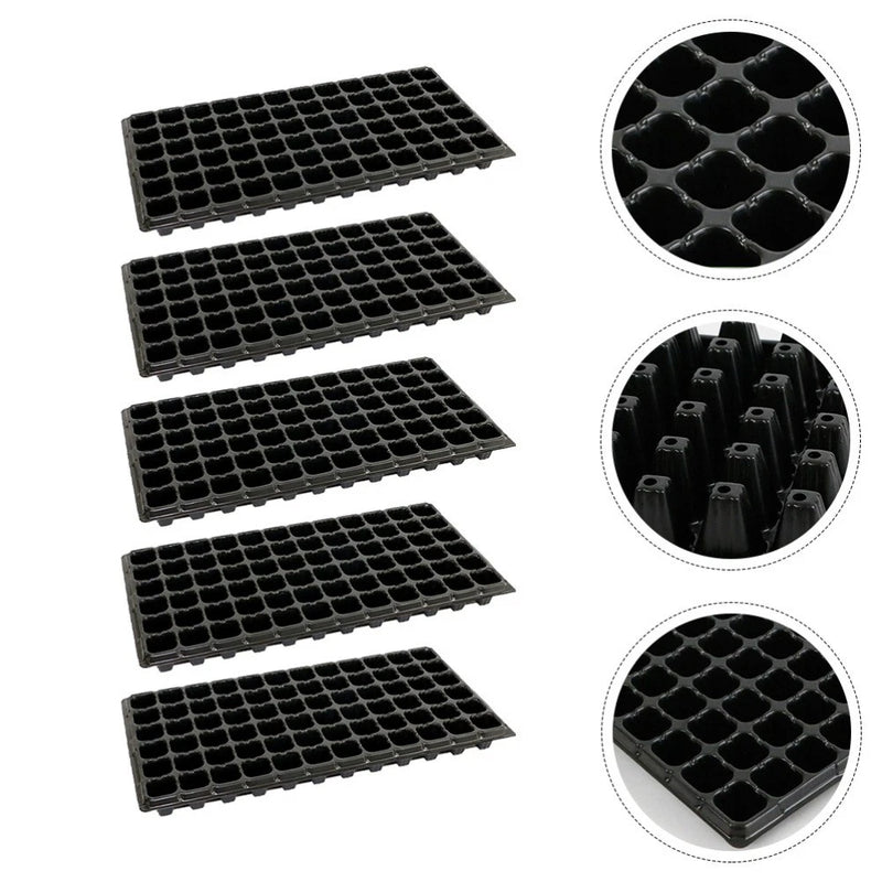 Set of black PVC seedling starter trays, 72-cell grid, shown in stacked trays