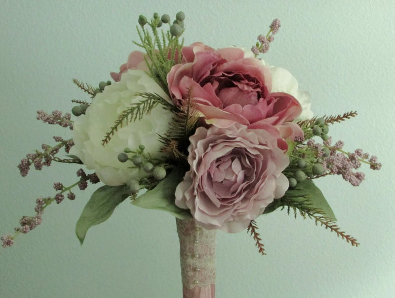 Silk Flower WEDDING BOUQUET  Lavender Mauve and White Peony Roses Snowberry Ranunculus