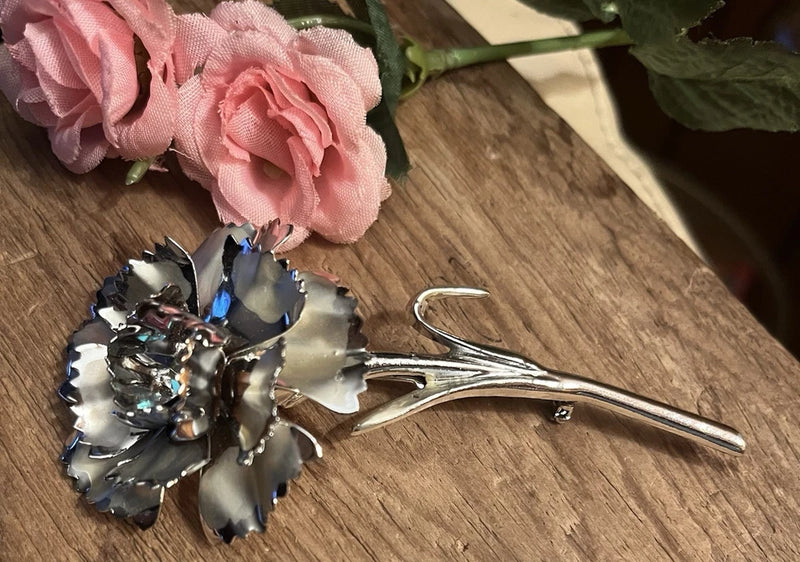 Mid Century Silver Flower Brooch Carnation AB Rhinestone Unsigned 3.5Ó Carnation