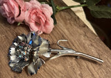 Mid Century Silver Flower Brooch Carnation AB Rhinestone Unsigned 3.5Ó Carnation