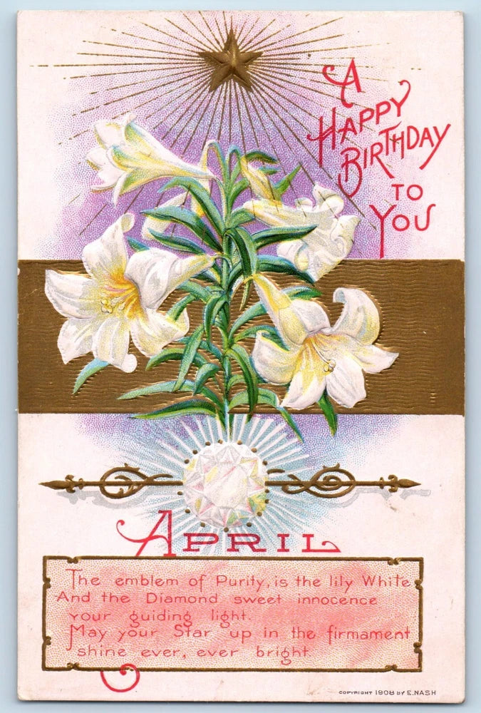April birthday postcard with embossed white lilies and Happy Birthday to you text