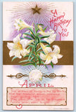 Birthday Postcard Flowers Lily Flowers April Emblem Of Purity Embossed 1909 Lily