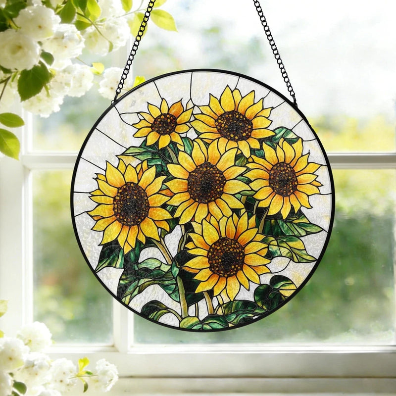 Sunflower stained glass suncatcher with circular sunflower design and hanging chains