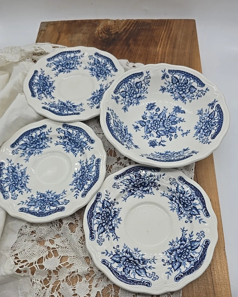 Vintage Blue Carnation Ironstone Soup Bowl & 3 6" saucer Side plate blue white Carnation