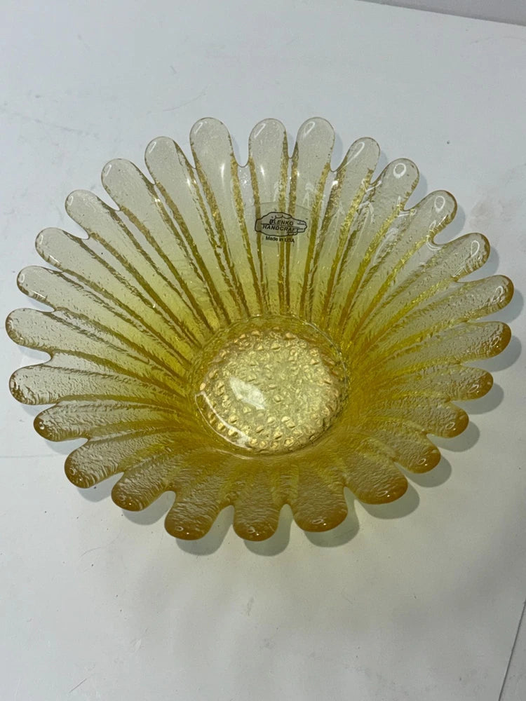 Vintage Blenko Art Glass Petal Bowl Yellow Gold Amber Daisy Sunflower Handcraft Sunflower