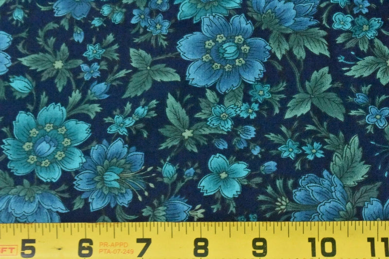By 1/2 Yd, Blue & Green Floral on Navy Quilt Cotton, Hoffman, "Wood Blocks",V501 Flowering Plants
