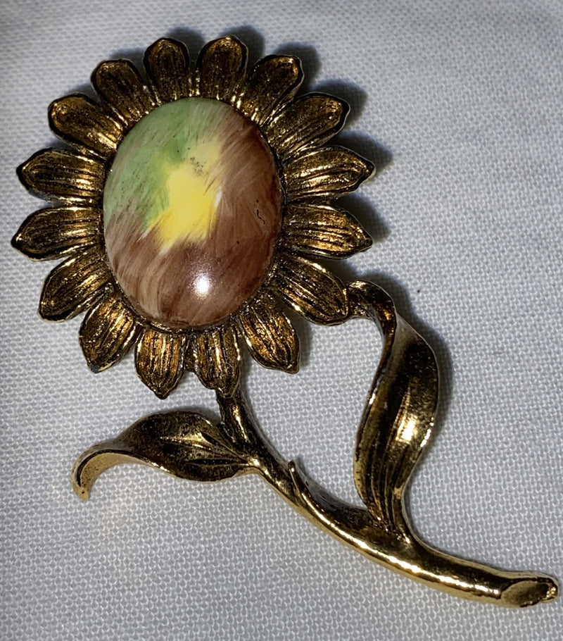 Vintage Sunflower Gold Tone Brooch Pin With Green & Yellow Stone Center Unique Sunflower