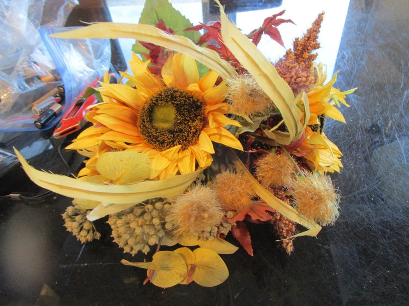 Pottery Barn faux flower bundle with yellow sunflower and autumn fall accents
