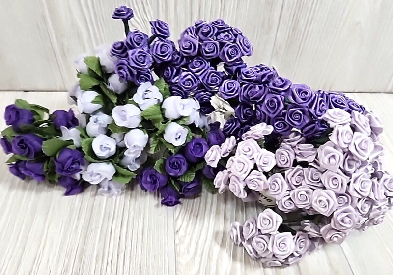 Purple, white, and silver mini rose bouquet with mixed clusters and ribbon ties