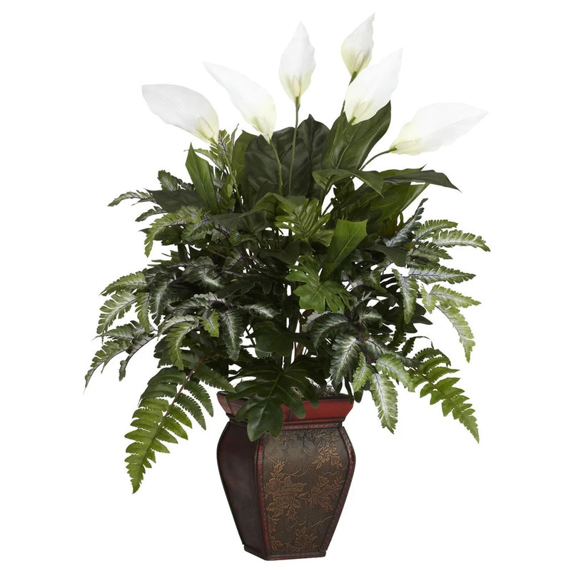 Mixed Greens & Spathyfillum Silk Plant w/ Decorative Pot Green Plant