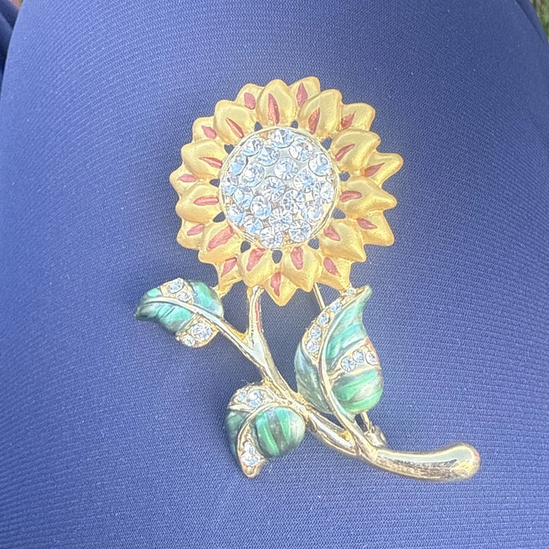 2Ó Sunflower Rhinestone Flower W/ Leaves And Stem Brooch Pin Sunflower