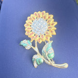2Ó Sunflower Rhinestone Flower W/ Leaves And Stem Brooch Pin Sunflower