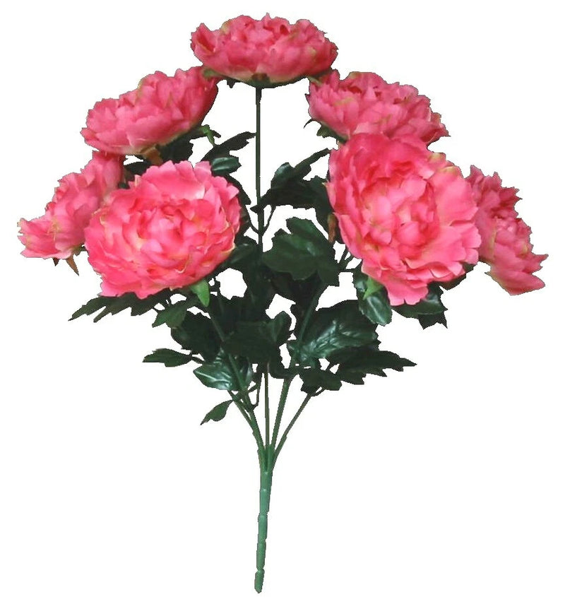 Pink peony silk flower bouquet with multiple blooms and dark green leaves on stems