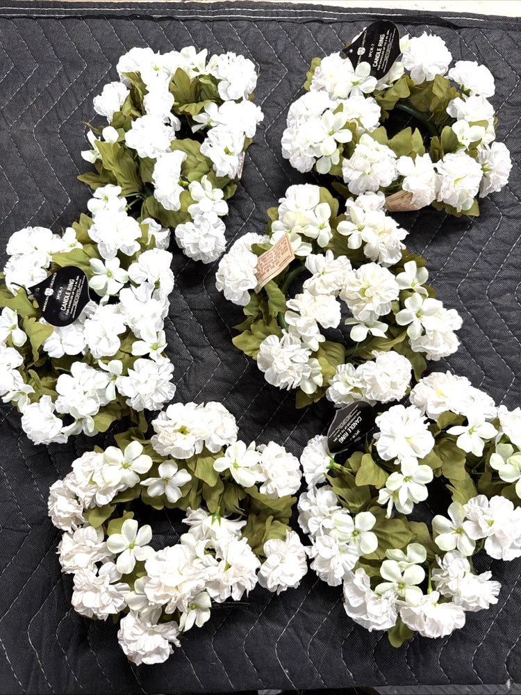 6X  Vintage Faux Flower Candle Rings Wreaths White Carnations Floral NWT 3"D Carnation