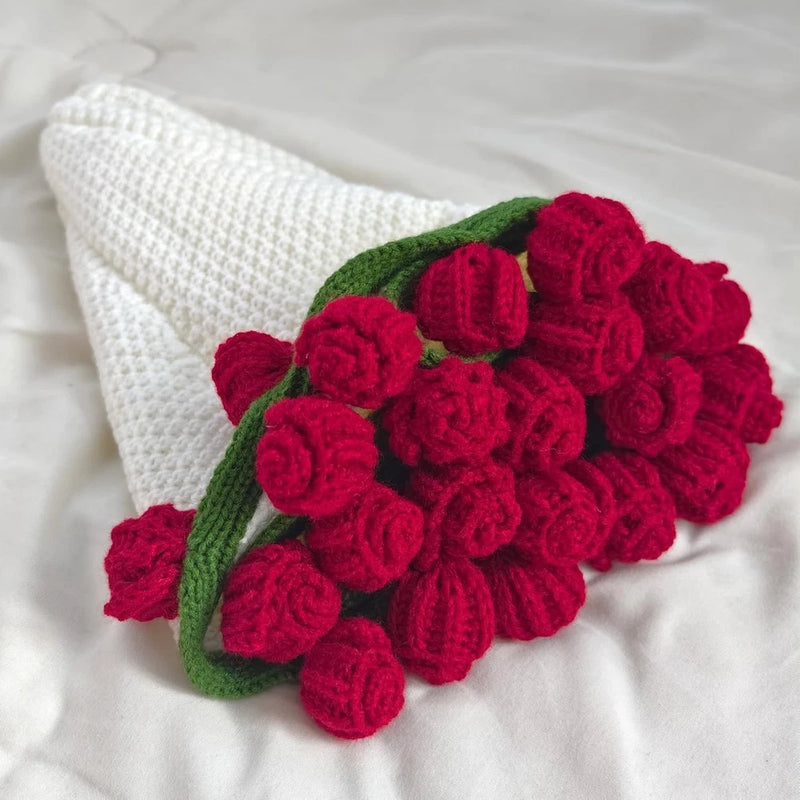 Crochet flower bouquet throw blanket with red roses and green stems