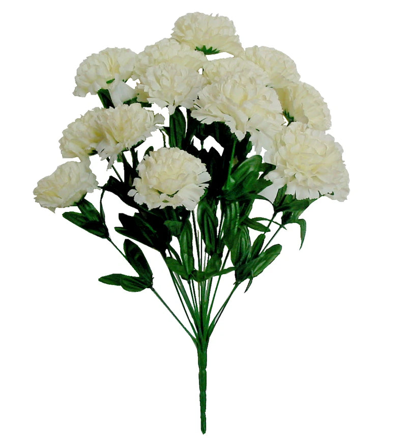 Cream silk carnation flower bush with pale cream blooms and green leaves