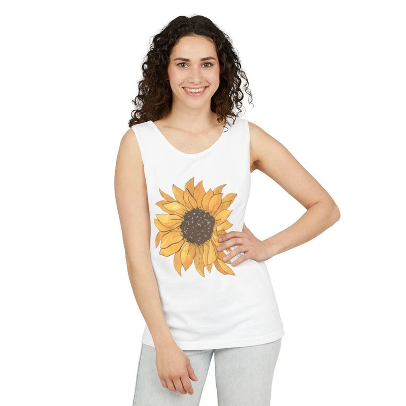White sleeveless tank top with large sunflower illustration print
